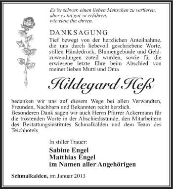 Traueranzeige von Hildegard Heß von Südthüringer Presse