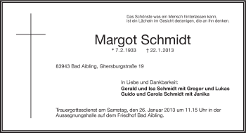 Traueranzeige von Margot Schmidt von Frankenpost