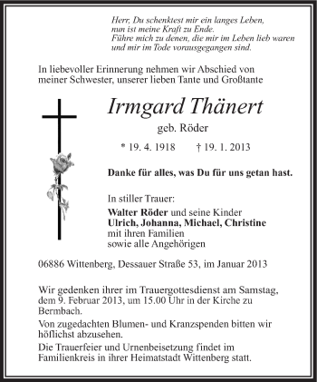 Traueranzeige von Irmgard Thänert von Südthüringer Presse