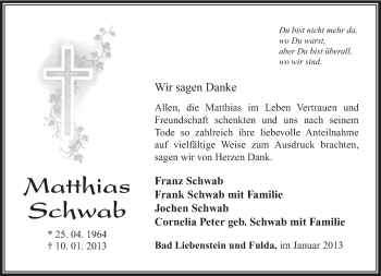 Traueranzeige von Matthias Schwab von Südthüringer Presse
