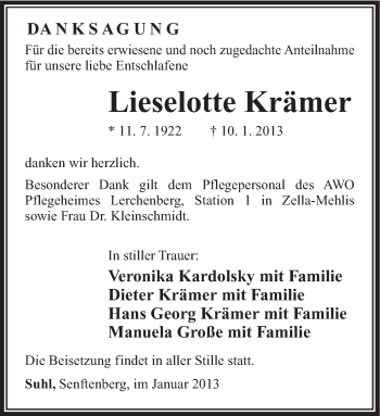 Traueranzeige von Lieselotte Krämer von Südthüringer Presse