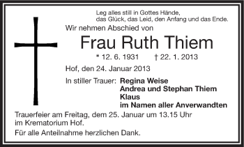 Traueranzeige von Ruth Thiem von Frankenpost