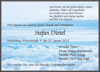 Traueranzeige von Stefan Dietel von Frankenpost