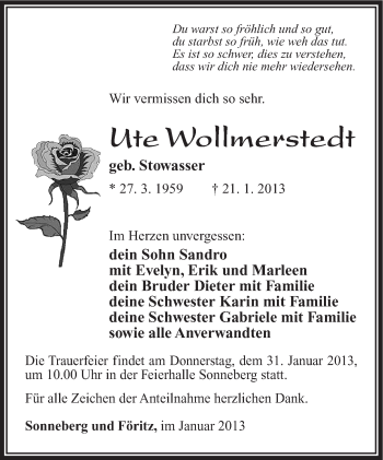 Traueranzeige von Ute Wollmerstedt von Südthüringer Presse