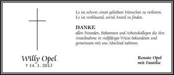 Traueranzeige von Willy Opel von Frankenpost