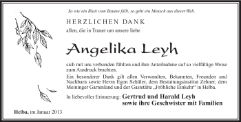 Traueranzeige von Angelika Leyh von Südthüringer Presse