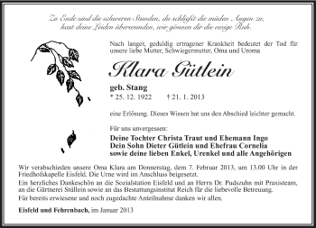 Traueranzeige von Klara Gütlein von Südthüringer Presse
