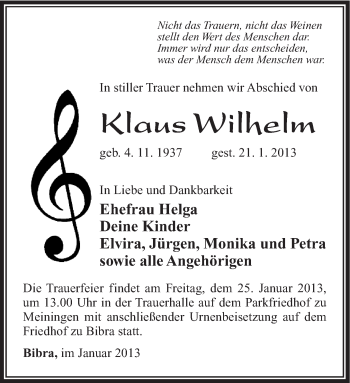 Traueranzeige von Klaus Wilhelm von Südthüringer Presse