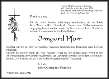 Traueranzeige von Irmgard Pforr von Südthüringer Presse