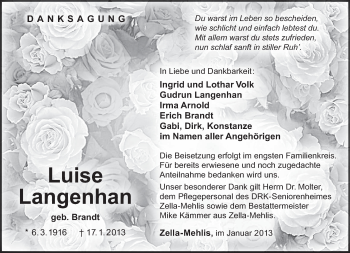 Traueranzeige von Luise Langenhan von Südthüringer Presse