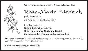 Traueranzeige von Rose-Marie Friedrich von Südthüringer Presse