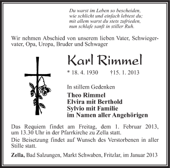 Traueranzeige von Karl Rimmel von Südthüringer Presse