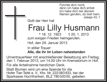 Traueranzeige von Lilly Husmann von Frankenpost