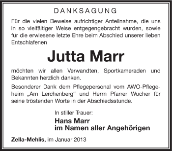 Traueranzeige von Jutta Marr von Südthüringer Presse