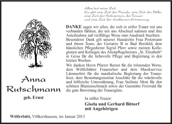 Traueranzeige von Anna Rutschmann von Südthüringer Presse