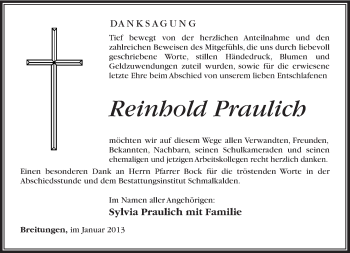 Traueranzeige von Reinhold Praulich von Südthüringer Presse