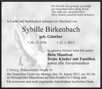 Traueranzeige von Sybille Birkenbach von Neue Presse Coburg