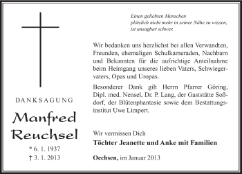 Traueranzeige von Manfred Reuchsel von Südthüringer Presse
