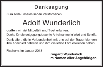 Traueranzeige von Adolf Wunderlich von Frankenpost