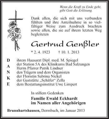 Traueranzeige von Gertrud Genßler von Südthüringer Presse
