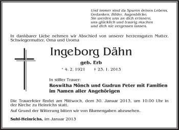 Traueranzeige von Ingeborg Dähn von Südthüringer Presse