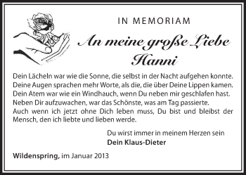 Traueranzeige von Hanni  von Südthüringer Presse