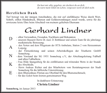 Traueranzeige von Lindner Gerhard von Südthüringer Presse