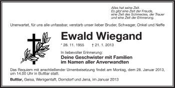 Traueranzeige von Ewald Wiegand von Südthüringer Presse