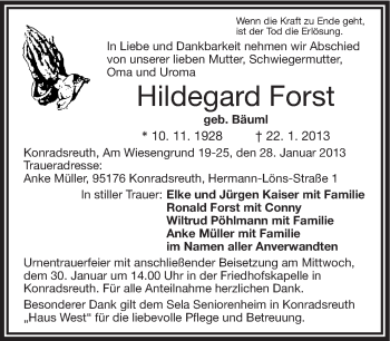 Traueranzeige von Hildegard Forst von Frankenpost