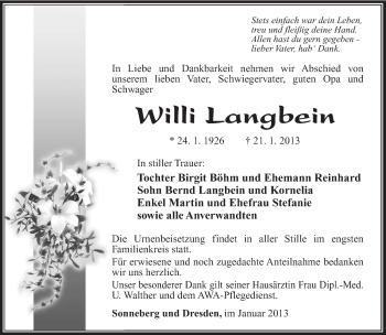 Traueranzeige von Willi Langbein von Südthüringer Presse