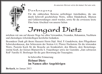 Traueranzeige von Irmgard Dietz von Südthüringer Presse