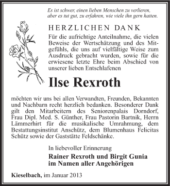 Traueranzeige von Ilse Rexroth von Südthüringer Presse