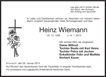 Traueranzeige von Heinz Wiemann von Neue Presse Coburg