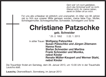 Traueranzeige von christiane patzschke von Südthüringer Presse