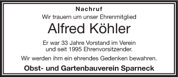 Traueranzeige von Alfred Köhler von Frankenpost