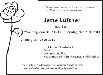 Traueranzeige von Jette Lüftner von Frankenpost