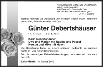 Traueranzeige von Günter Debertshäuser von Südthüringer Presse
