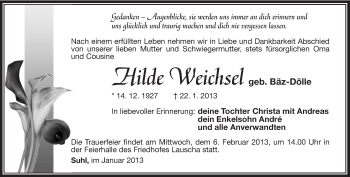 Traueranzeige von Hilde Weichsel von Südthüringer Presse
