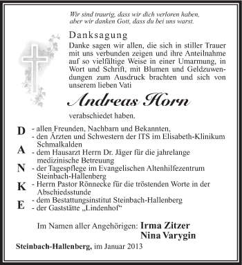 Traueranzeige von Andreas Horn von Südthüringer Presse