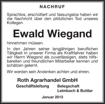Traueranzeige von Ewald Wiegand von Südthüringer Presse