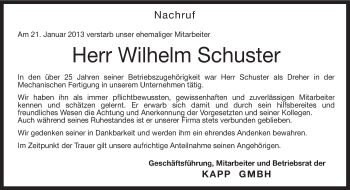 Traueranzeige von Wilhelm Schuster von Neue Presse Coburg