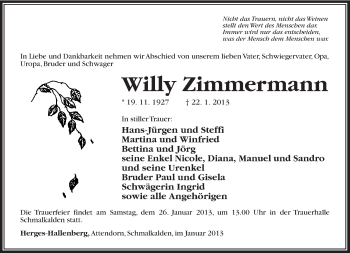 Traueranzeige von Willy Zimmermann von Südthüringer Presse