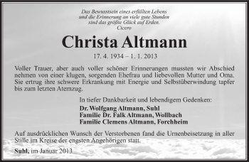 Traueranzeige von Christa Altmann von Südthüringer Presse