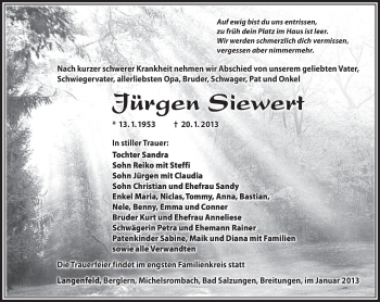 Traueranzeige von Jürgen Siewert von Südthüringer Presse
