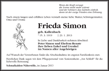 Traueranzeige von Frieda Simon von Südthüringer Presse