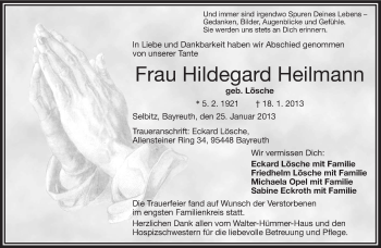 Traueranzeige von Hildegard Heilmann von Frankenpost