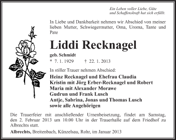 Traueranzeige von Liddi Recknagel von Südthüringer Presse