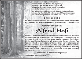 Traueranzeige von Alfred Heß von Südthüringer Presse