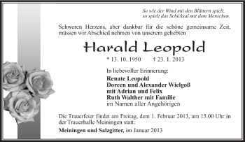 Traueranzeige von Harald Leopold von Südthüringer Presse