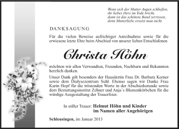 Traueranzeige von Christa Höhn von Südthüringer Presse